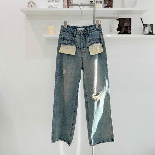 High-Waisted Distressed Wide-Leg Jeans