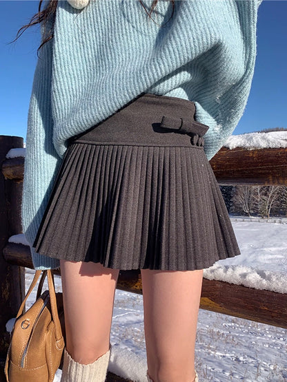 Detachable Bow Wool Pleated Skirt