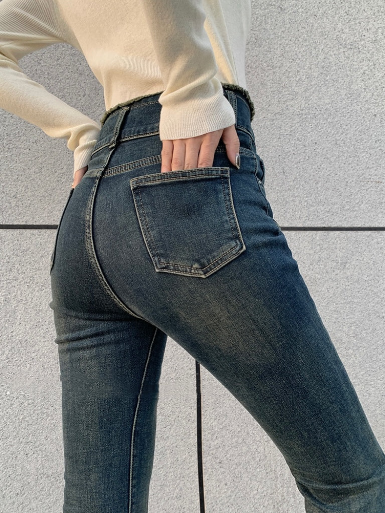 Raw Hem High-Waisted Brushed Denim Pants