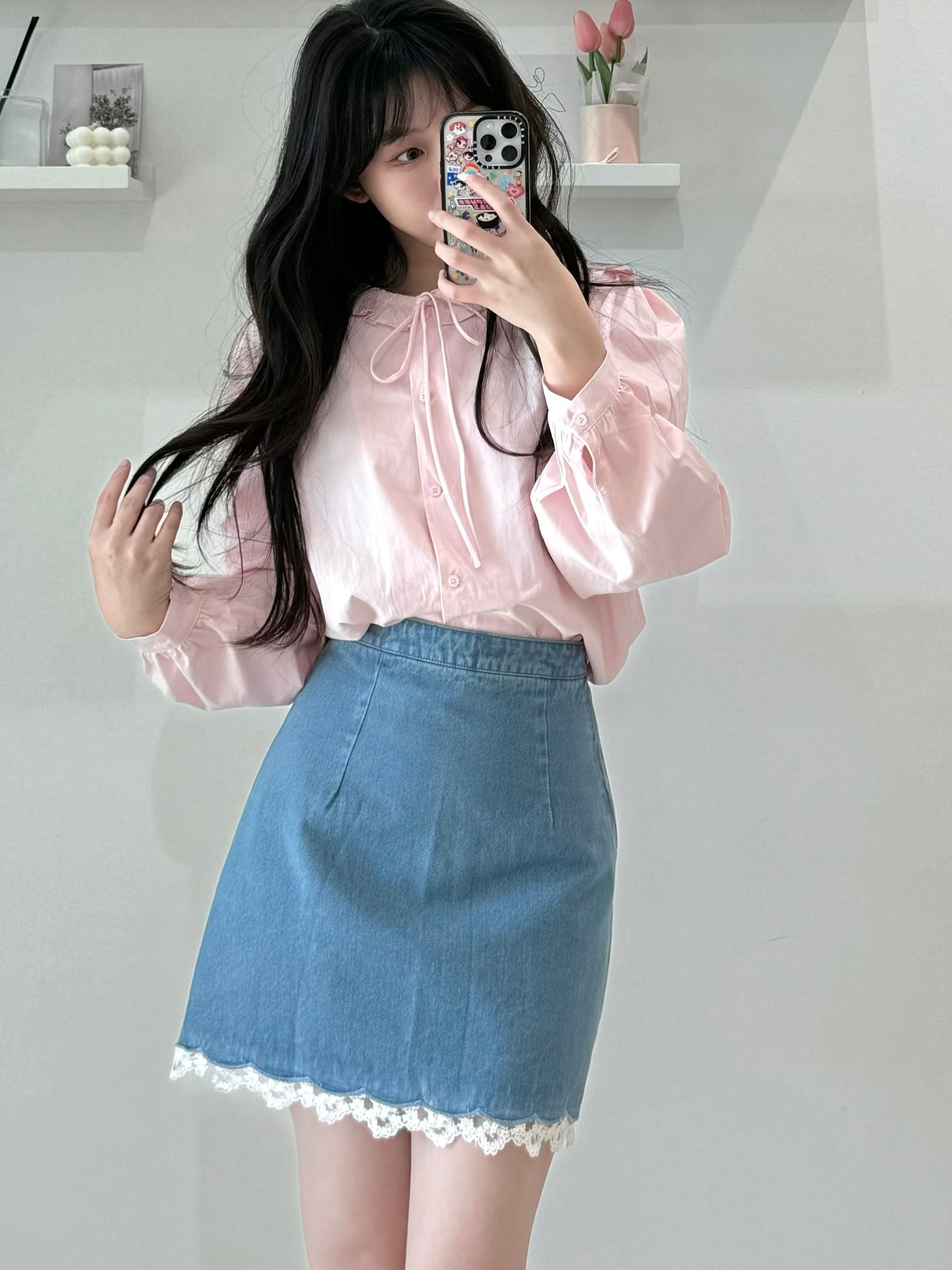 Lace Patchwork High-Waisted Denim Skirt