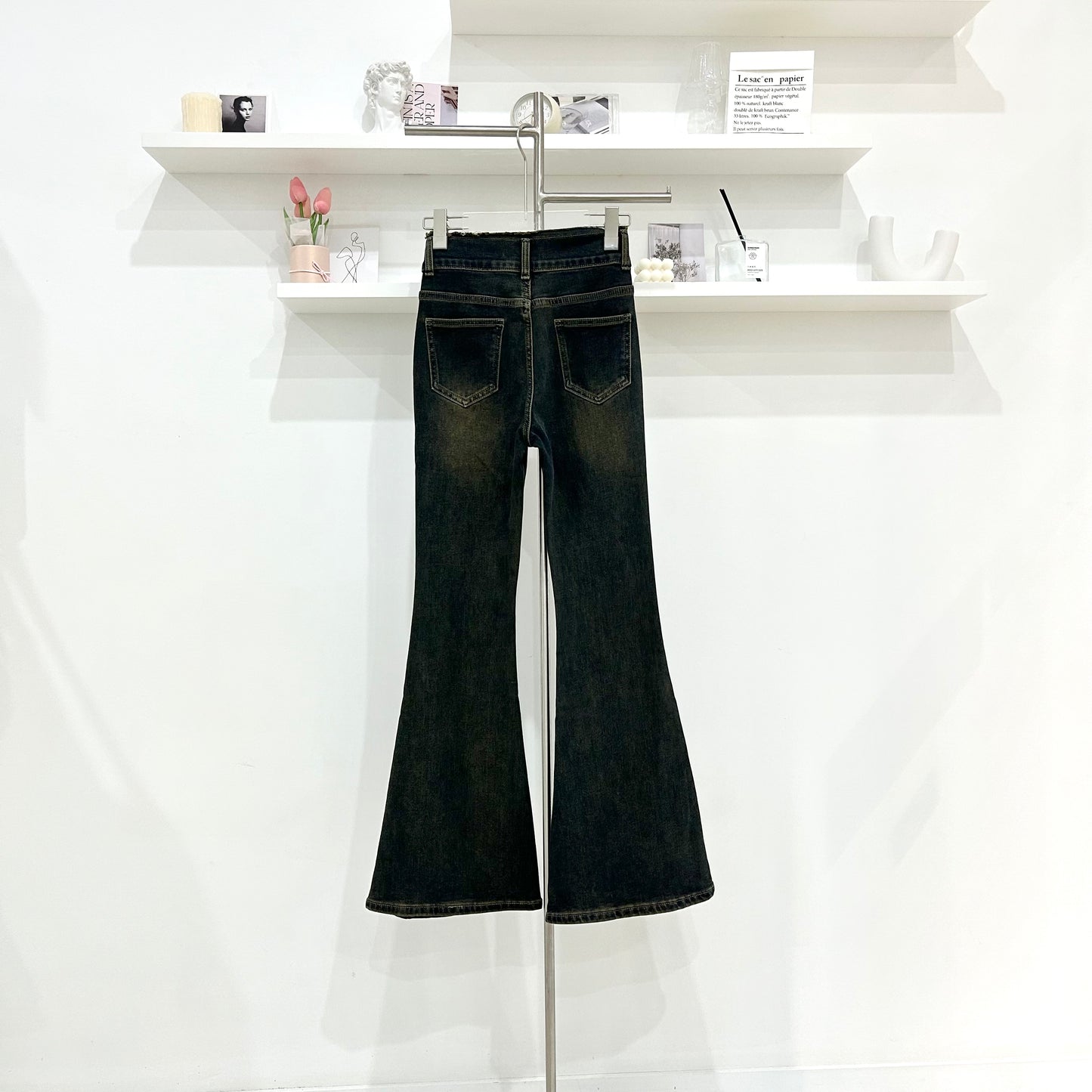 Raw Hem High-Waisted Brushed Denim Pants