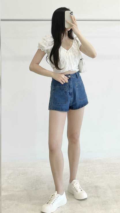 High-waisted stretch denim shorts