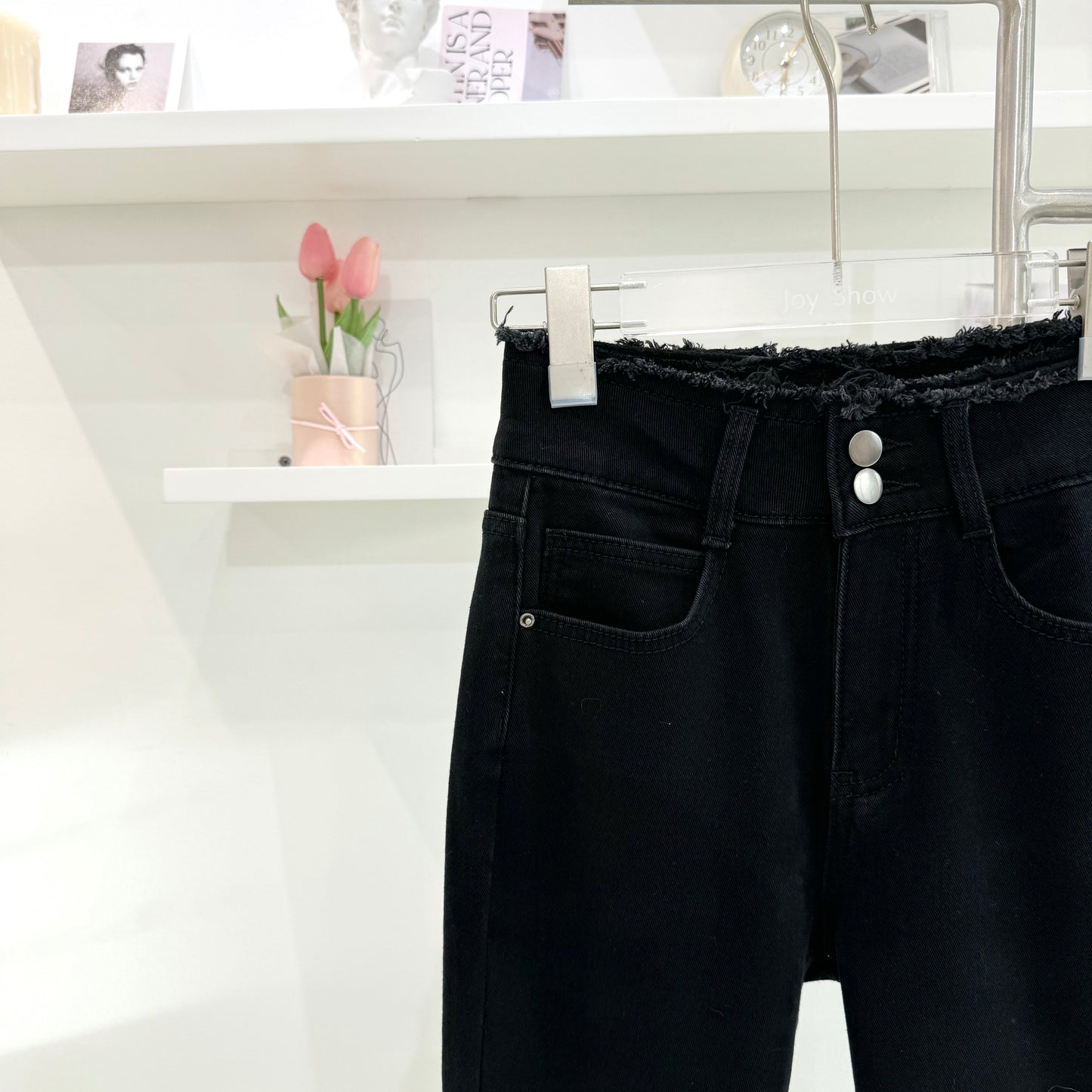 Raw Hem High-Waisted Brushed Denim Pants