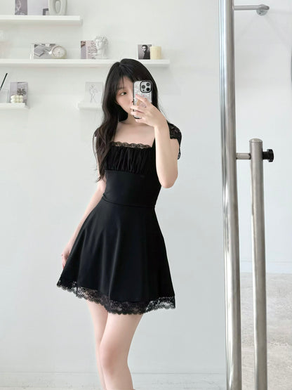 Lace Flutter Sleeve Tie-Waist Dress