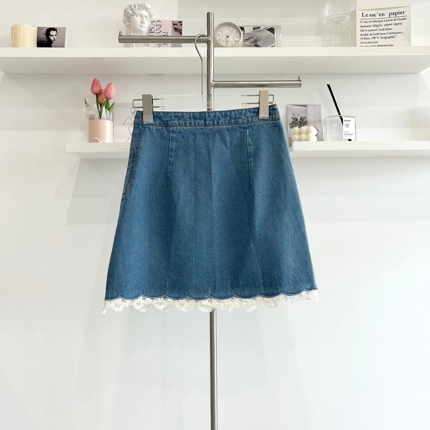 Lace Patchwork High-Waisted Denim Skirt