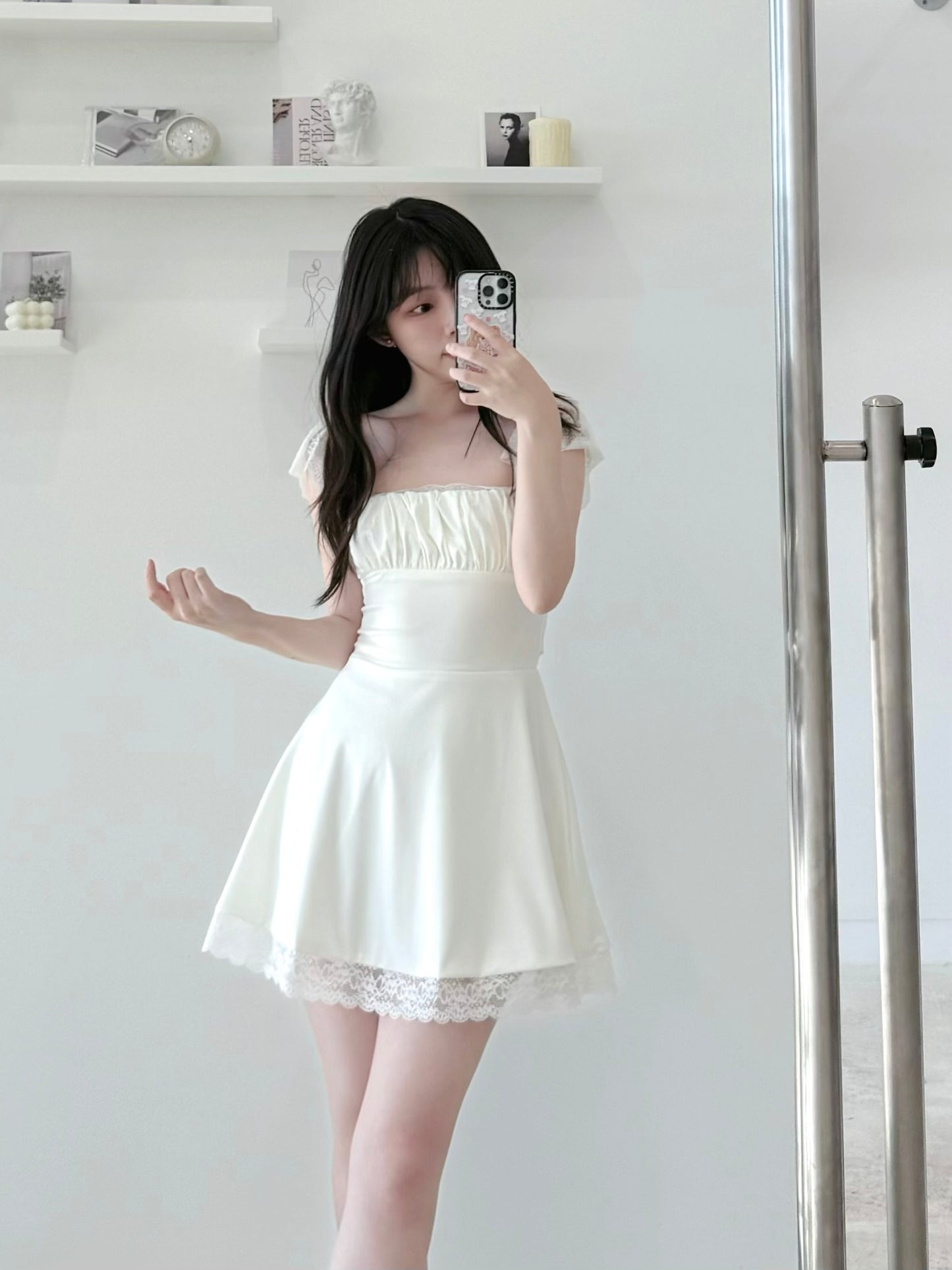 Lace Flutter Sleeve Tie-Waist Dress