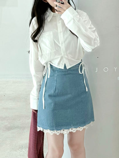 Lace Patchwork High-Waisted Denim Skirt