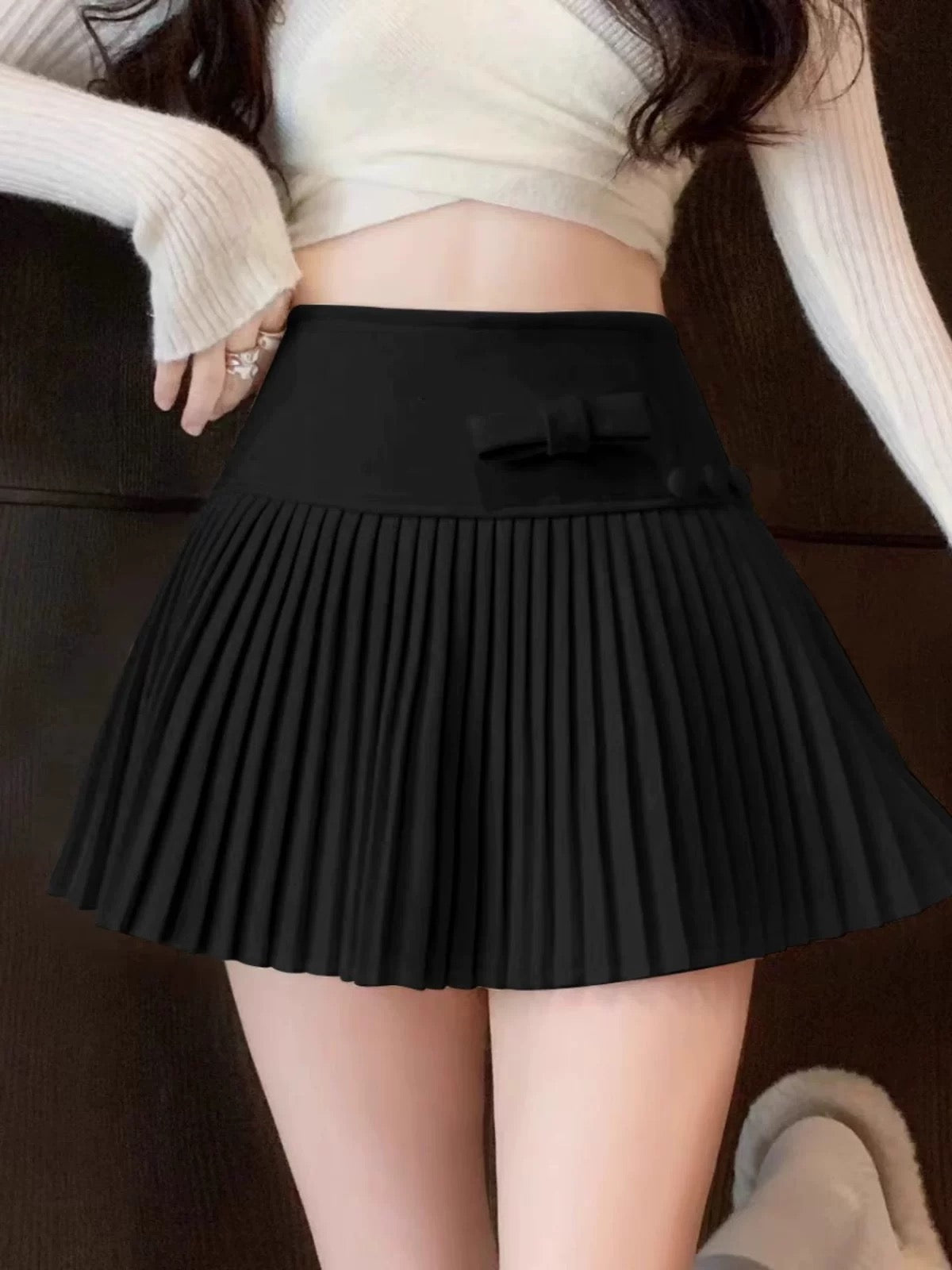 Detachable Bow Wool Pleated Skirt