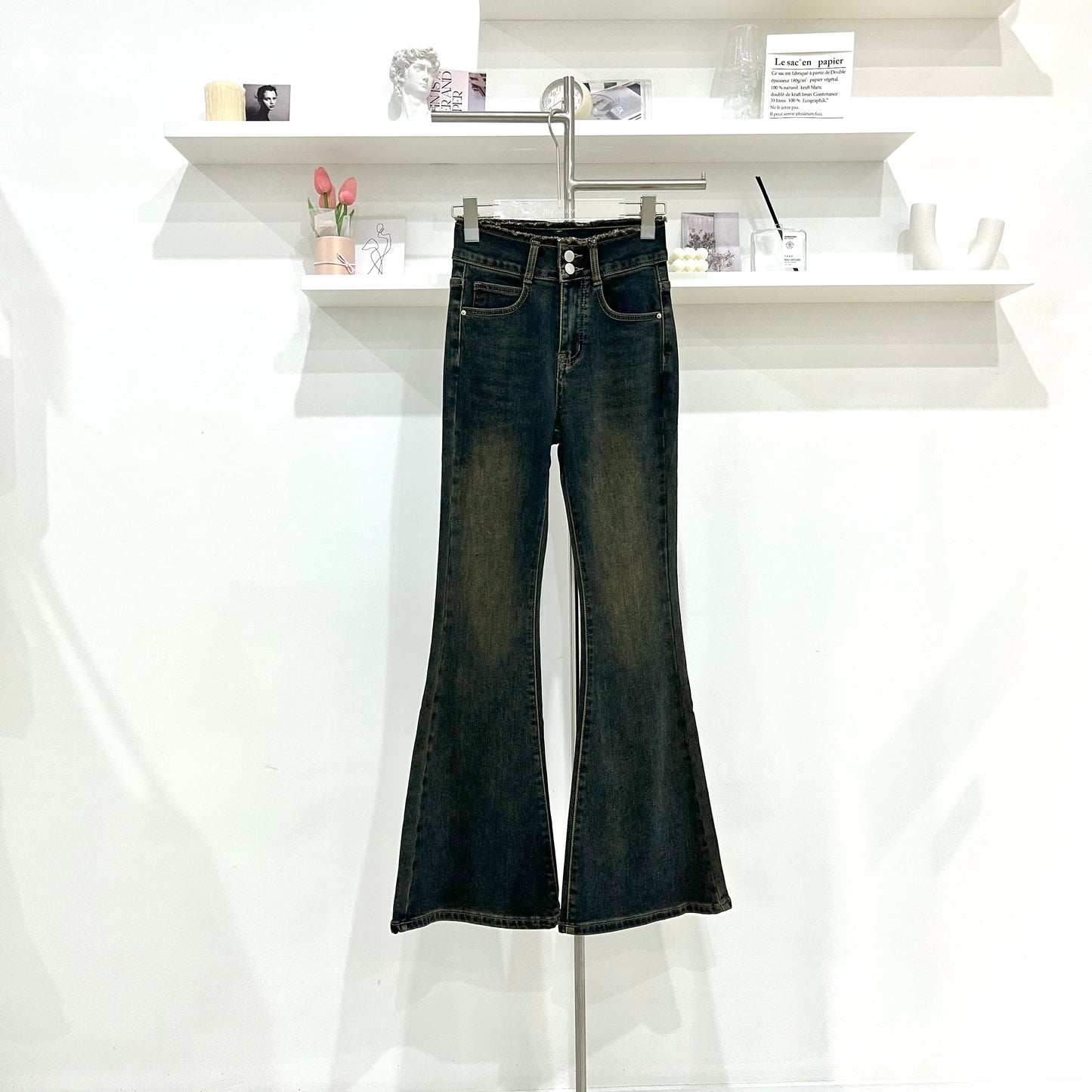 Raw Hem High-Waisted Brushed Denim Pants