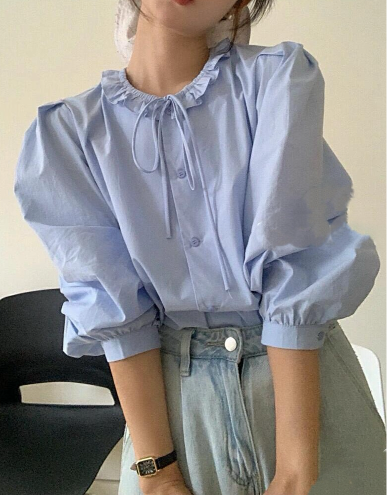 Tie-Neck Collared Mid-Sleeve Shirt