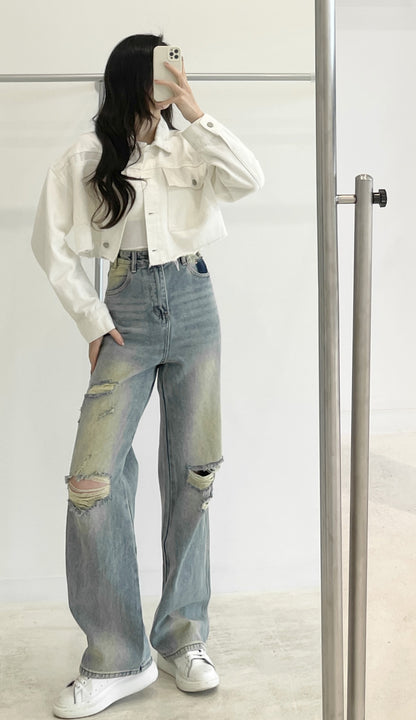 High-Waisted Distressed Wide-Leg Jeans