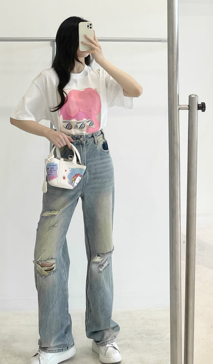 High-Waisted Distressed Wide-Leg Jeans