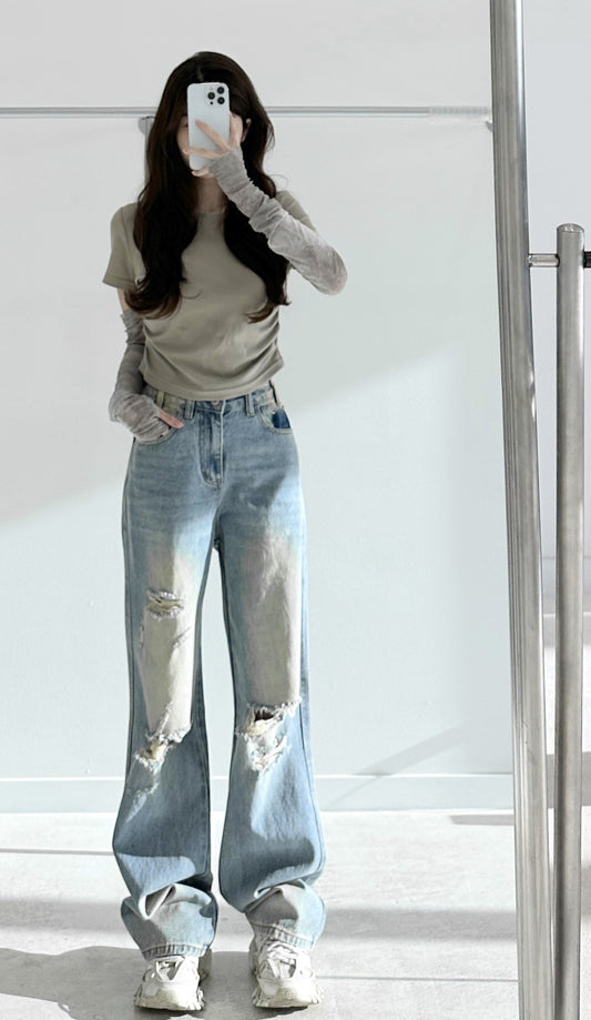 High-Waisted Distressed Wide-Leg Jeans