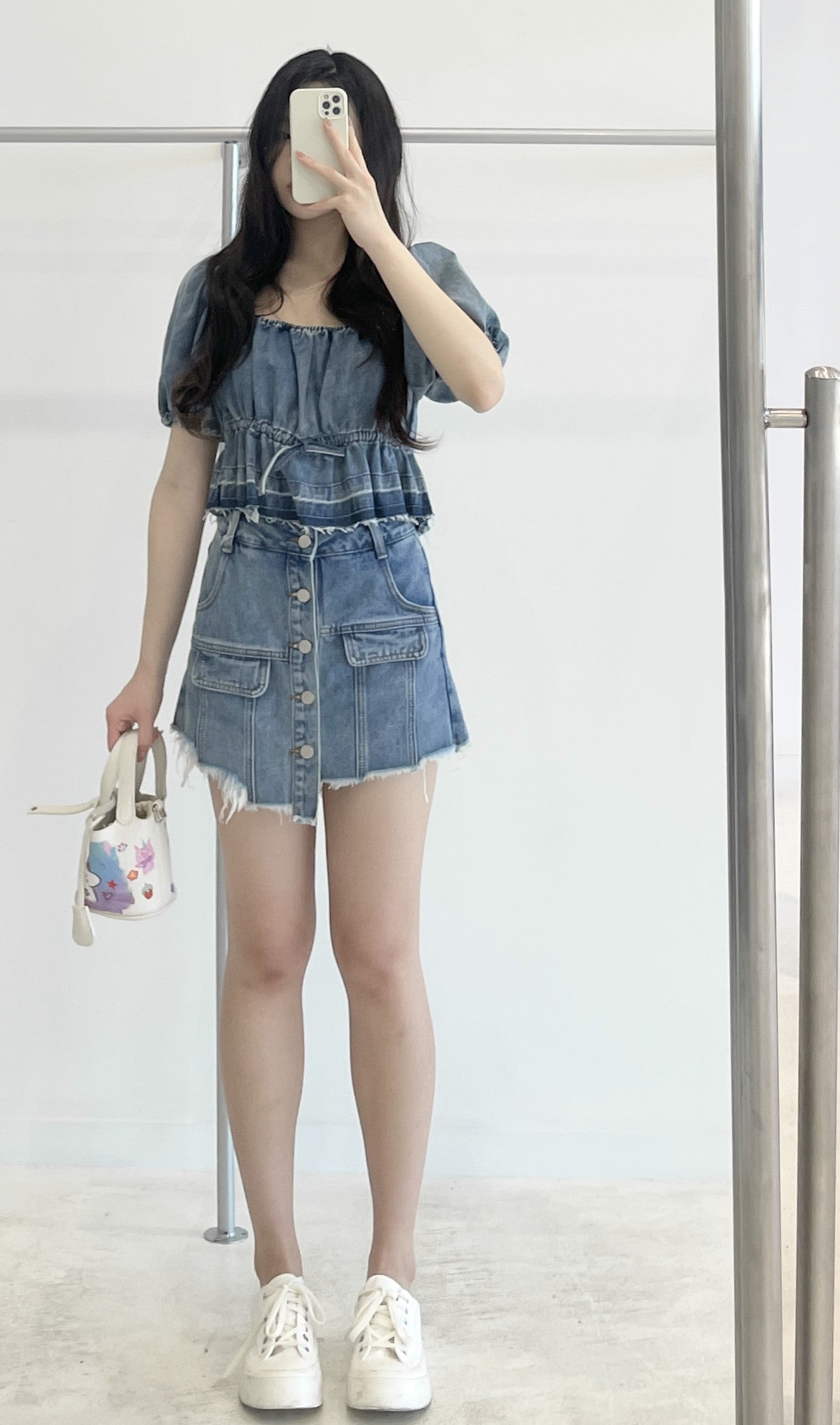 high-waisted button-front denim skirt pants