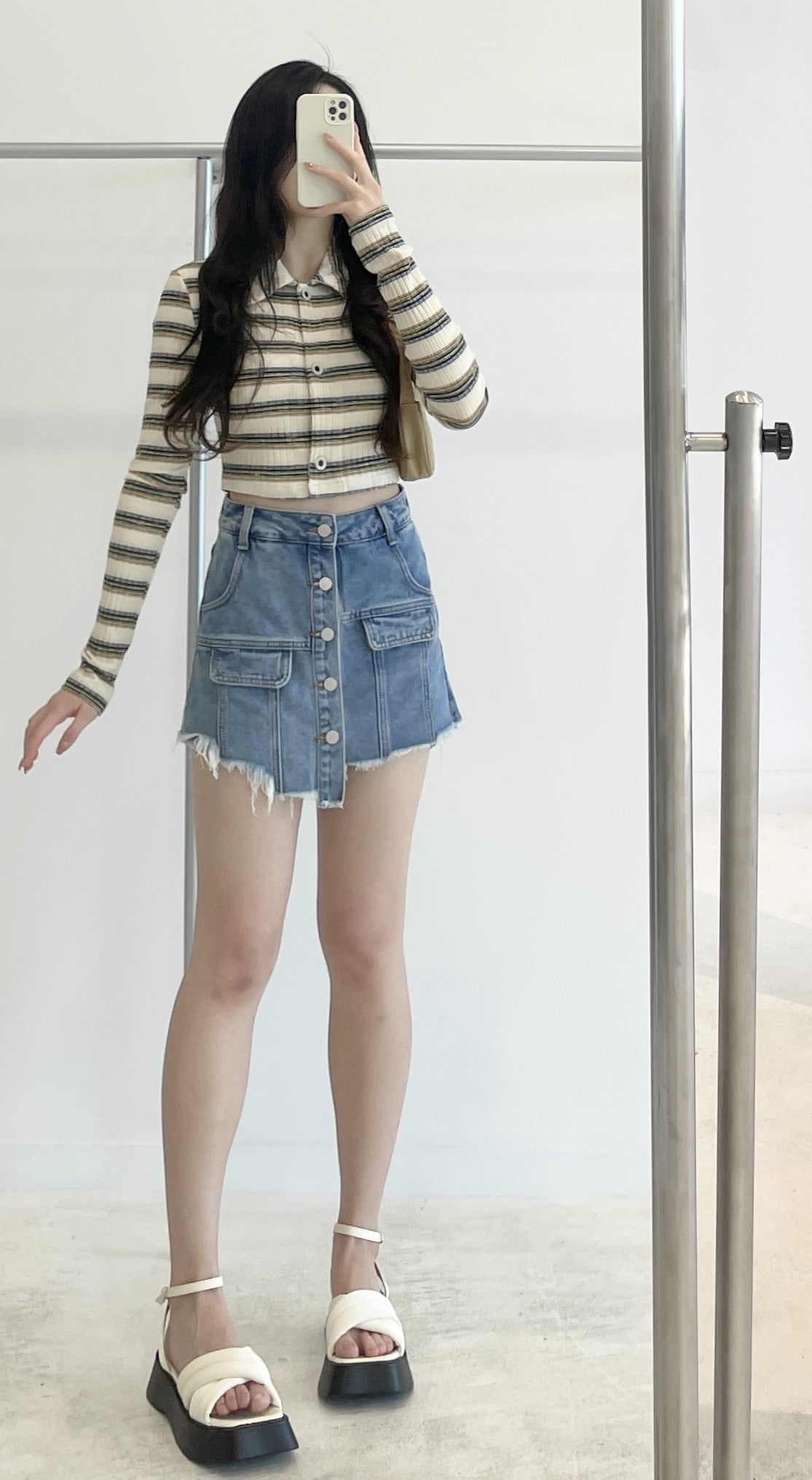 high-waisted button-front denim skirt pants