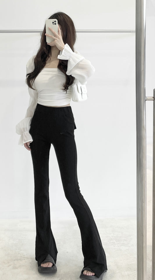 Elastic high-waisted slit trousers