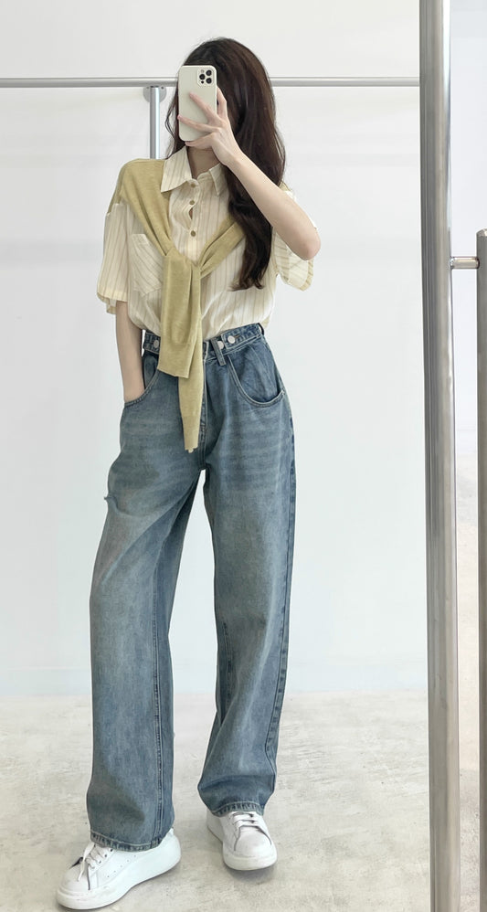 High-waisted wide-leg denim trousers