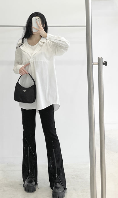 Faux Two-Piece Layered Long-Sleeve Shirt