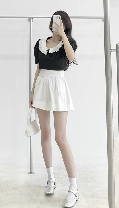 Color-Block Collar Bow Short-Sleeve Top