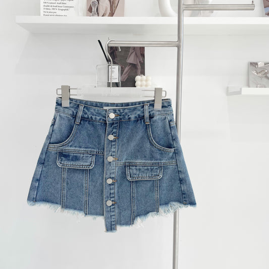 high-waisted button-front denim skirt pants