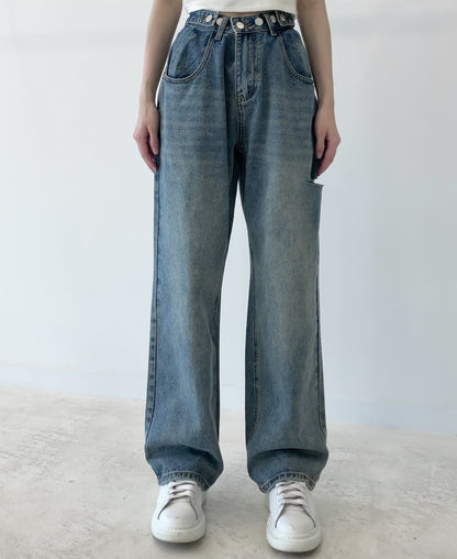 High-waisted wide-leg denim trousers
