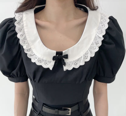 Color-Block Collar Bow Short-Sleeve Top