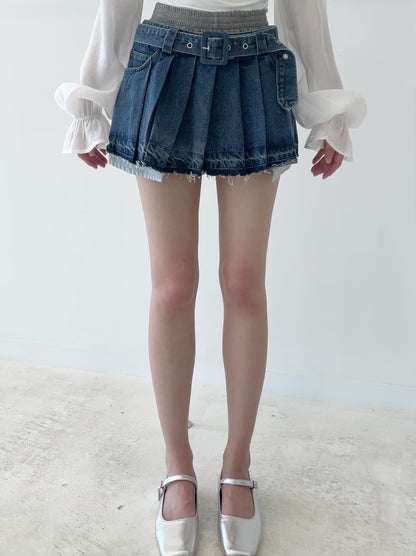 high-waisted patchwork denim pleated skirt
