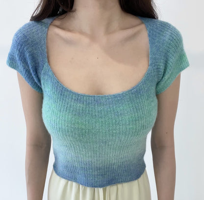 square-neck gradient color knit short sleeve
