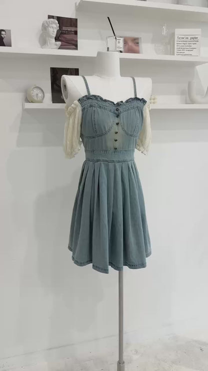 Bubble Sleeve Denim Pleated Dress