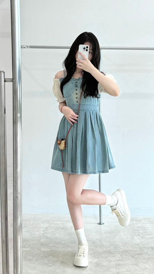 Bubble Sleeve Denim Pleated Dress